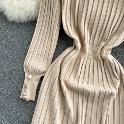 Fashionable V-neck Knit Long Sleeve Dress