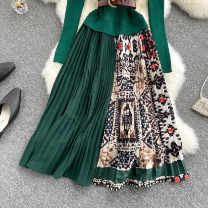 Elegant Long-sleeved Knitted Patchwork Dress A..