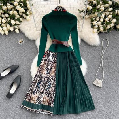 Elegant Long-sleeved Knitted Patchwork Dress A..