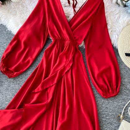 Red V Neck Long Sleeve Dress Fashion Dress