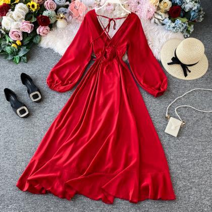 Red V Neck Long Sleeve Dress Fashion Dress