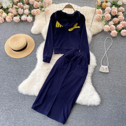 Casual Hooded Pullover All-match Skirt Two-piece..