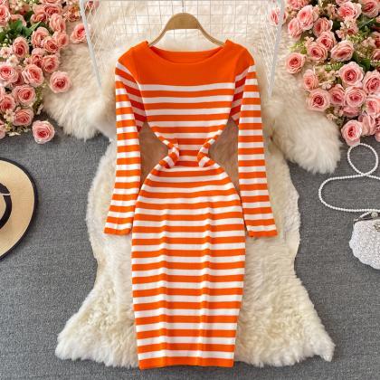 Simple Striped Knitted Long-sleeved Sweater..