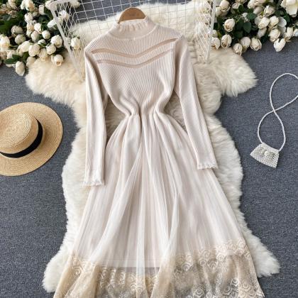 Cute A Line Lace Long Sleeve Dress Sweater Dress
