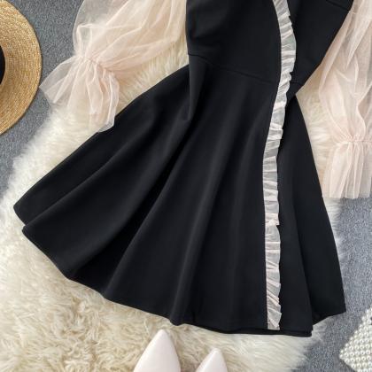 Cute Black Short Dress Long Sleeve Dress