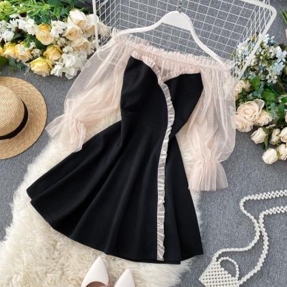 Cute Black Short Dress Long Sleeve Dress