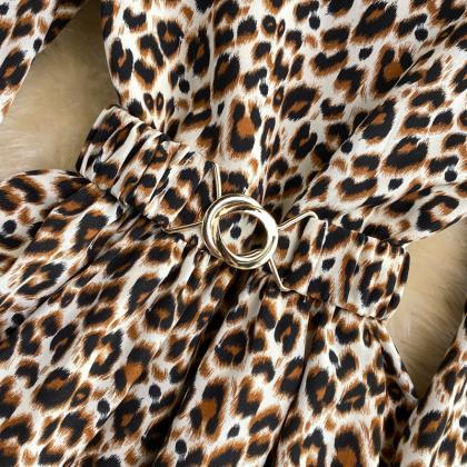 Fashionable Leopard Print Long Sleeve Dress