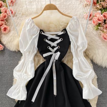 Black Long Sleeve Dress A Line Lace Up Dress