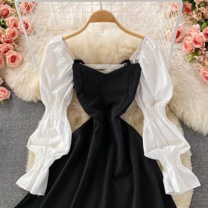 Black Long Sleeve Dress A Line Lace Up Dress