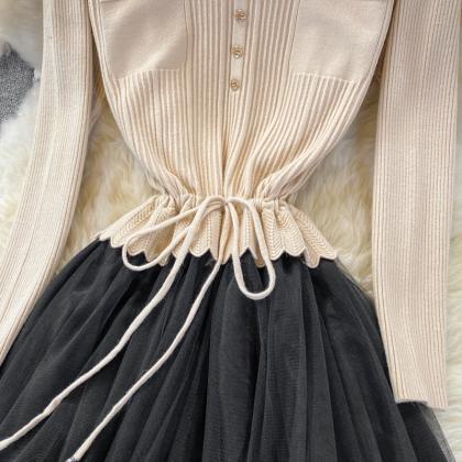 Lovely Knitted Patchwork Tulle Dress A Line V Neck..