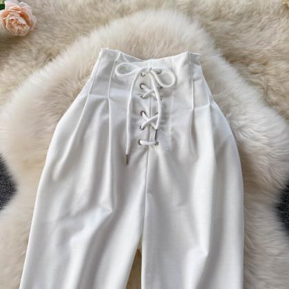 White Casual Lace-up Trousers