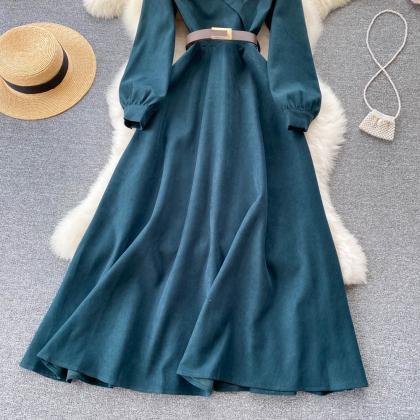 Blue Corduroy Long Sleeve Dress Blue Fashion Dress