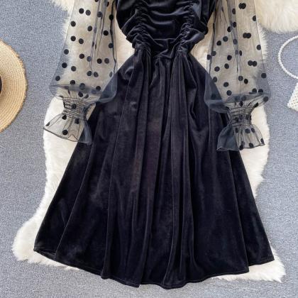 Cute Velvet Long Sleeve Dress Black Fashion Dress