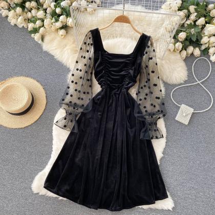 Cute Velvet Long Sleeve Dress Black Fashion Dress
