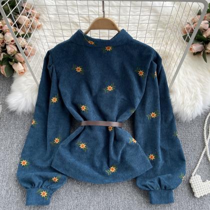 Lovely Corduroy Long-sleeved Floral Top
