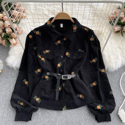 Lovely Corduroy Long-sleeved Floral Top