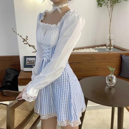 Cute Plaid Long Sleeve Dress Lace U..