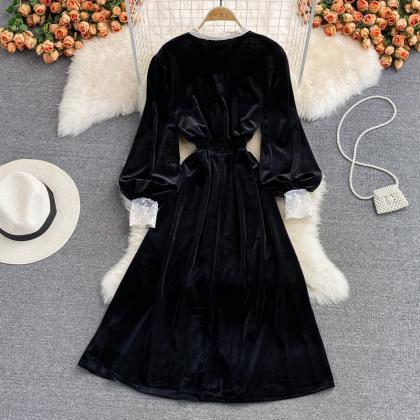 Black Vlevet Lace Long Sleeve Dress Black A Line..