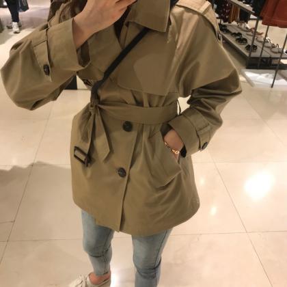 Stylish Double-breasted Long Sleeve Coat Trench..