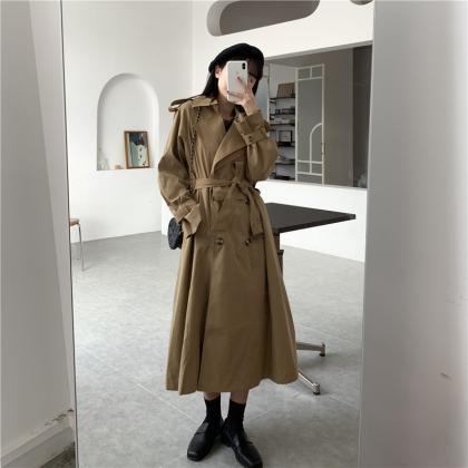 Stylish V Neck Long-sleeved Long Coat