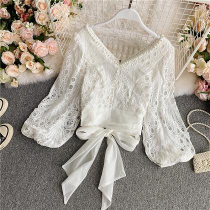 Cute V Neck Lace Long Sleeve Tops Lace Tops