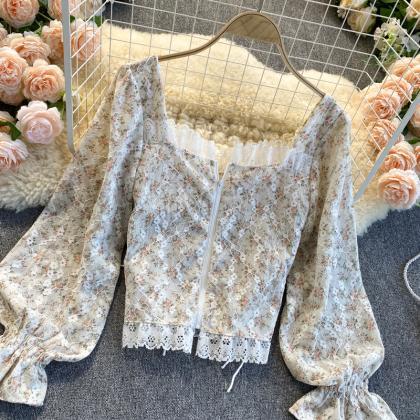 Cute Floral Lace Long Sleeve Tops Crop Tops