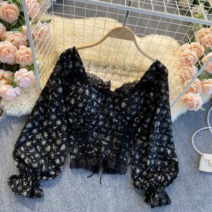 Cute Floral Lace Long Sleeve Tops Crop Tops