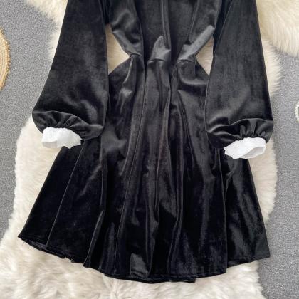 Cute Black Velvet Long Sleeve Dress Fashion Dress