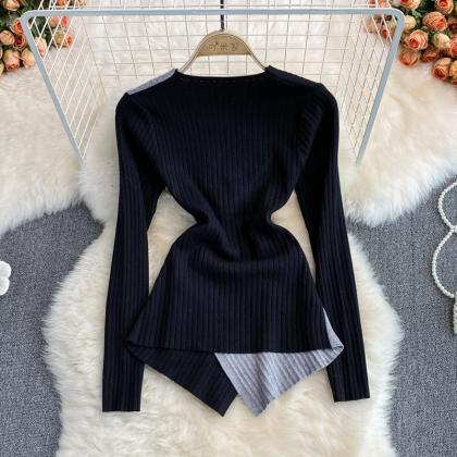 Fashionable V-neck Knitted Bottoming Shirt Long..