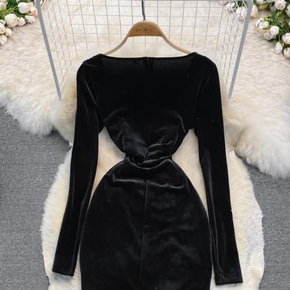 Black Velvet Long Sleeve Dress Sexy Dress