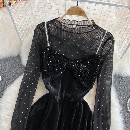 Black Velvet Sequins Short Dress Two Pieces..