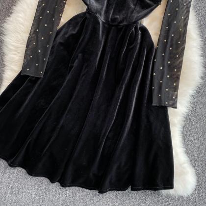Black Velvet Sequins Short Dress Two Pieces..