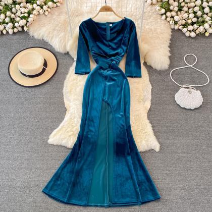 Stylish V Neck Velvet Long Dress Fahsion Dress