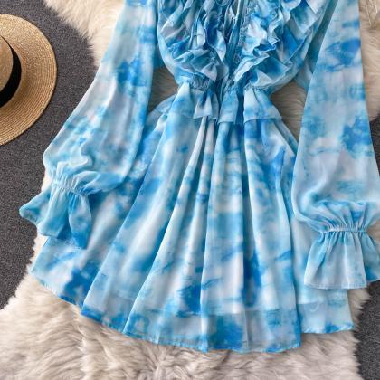 Stylish Blue Long Sleeve Dress A Line Fashion..