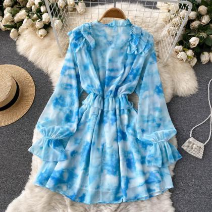 Stylish Blue Long Sleeve Dress A Line Fashion..