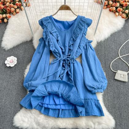 Blue V Neck Long Sleeve Dress Fashion Dress