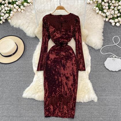 Sexy V Neck Seequins Long Sleeve Dress Fashion..