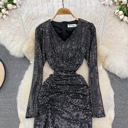 Sexy V Neck Seequins Long Sleeve Dress Fashion..