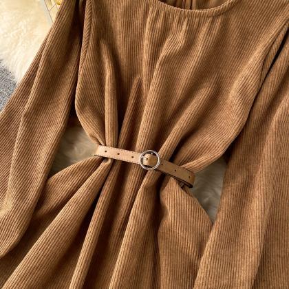 Simple corduroy long sleeve dress f..