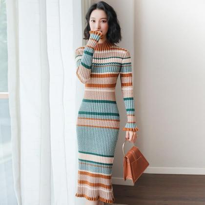 Fashionable Mid-length Knitted Dress Retro..