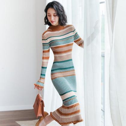 Fashionable Mid-length Knitted Dress Retro..