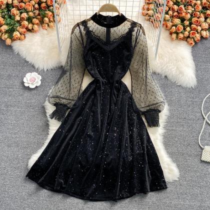 Black Velvet Lace Short Dress Black Fashion Dress
