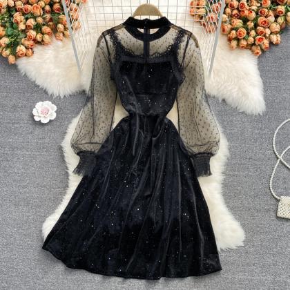 Black Velvet Lace Short Dress Black Fashion Dress