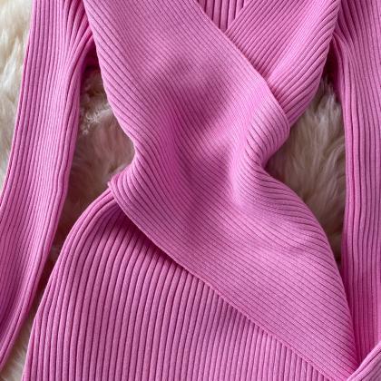 Simple V Neck Long Sleeve Sweater Dress Fashion..