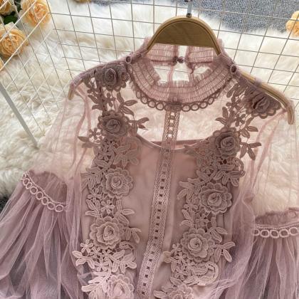 Lovely Lace Applique Long Sleeve Top