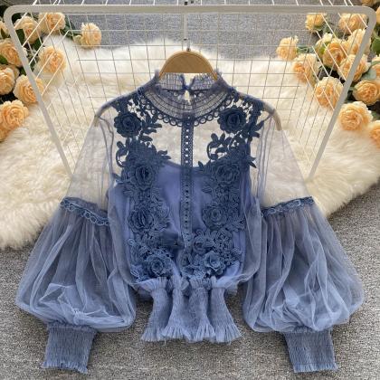 Lovely Lace Applique Long Sleeve Top