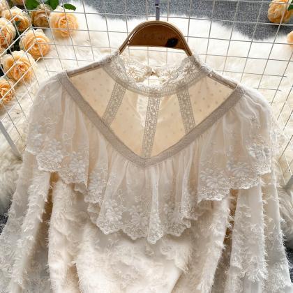 Lovely Lace See Through Long Sleeve Tops Fashion..