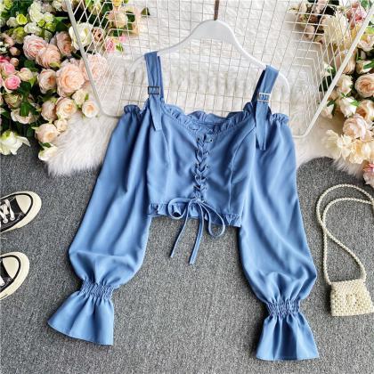 Simple Off Shoulder Long Sleeve Tops Lace-up Tops