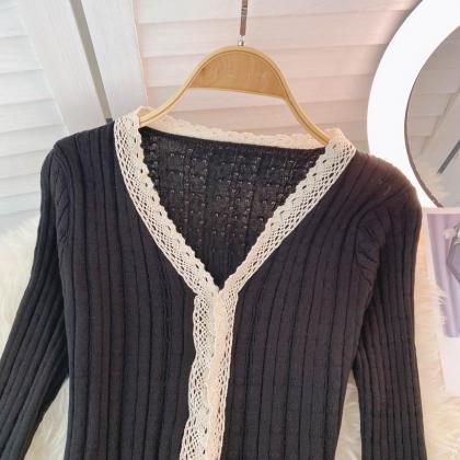 Knitted Top Women Autumn V-neck Lace Stitching..