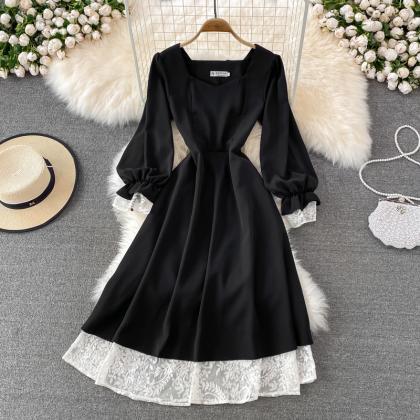 Black A Line Lace Short Dress Lace-up Fashion..